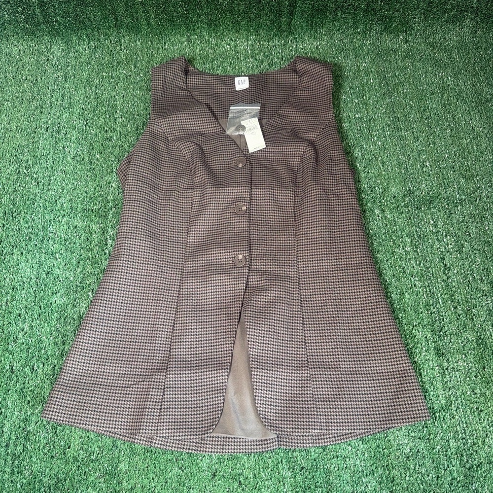 NWT GAP Recycled Longline Vest Brown Check Womens Size XS
